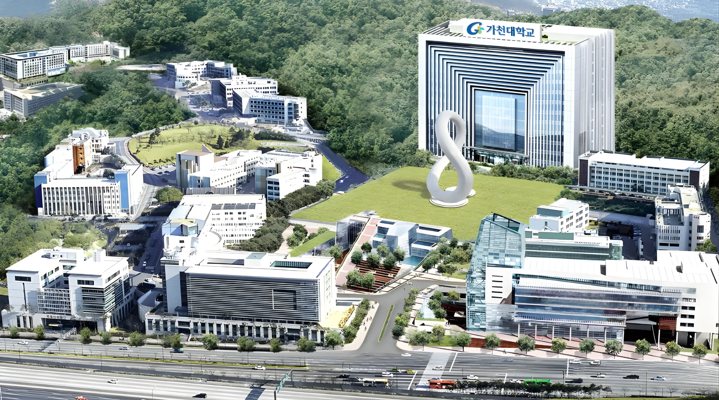 Khu&ocirc;n vi&ecirc;n Đại học Gachon (H&agrave;n Quốc) với hệ thống c&aacute;c t&ograve;a nh&agrave; hiện đại nằm giữa kh&ocirc;ng gian đồi n&uacute;i xanh của th&agrave;nh phố Seongnam
