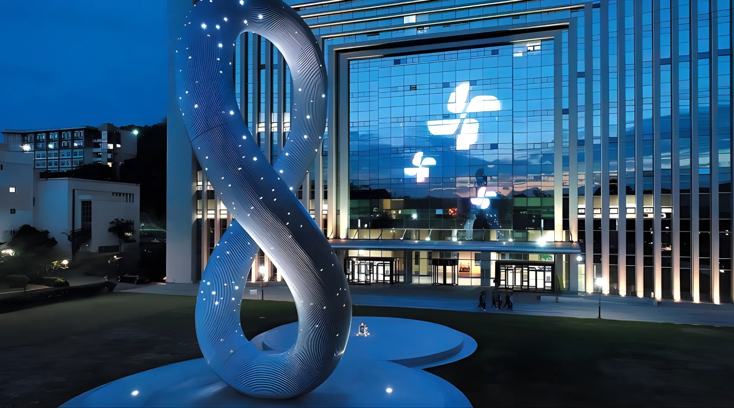 Tượng đài vô cực mang hình dáng dải Mobius tại trung tâm khuôn viên Đại học Gachon, biểu trưng cho tinh thần đổi mới và tiềm năng không giới hạn